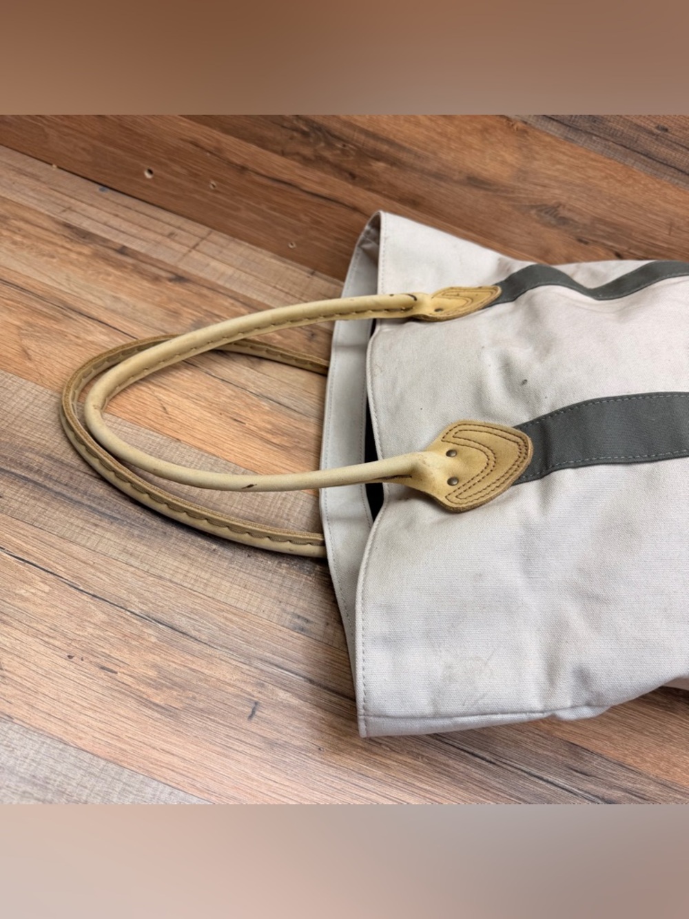 LL Bean Canvas Tote Bag with Leather Handles - Beige and Dark Gray - Picture 4 of 9